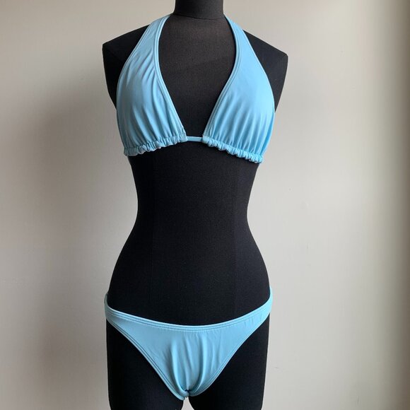 Billabong BLUE CRUSH era Vintage bikini baby blue reversible halter top set RARE - Picture 2 of 7